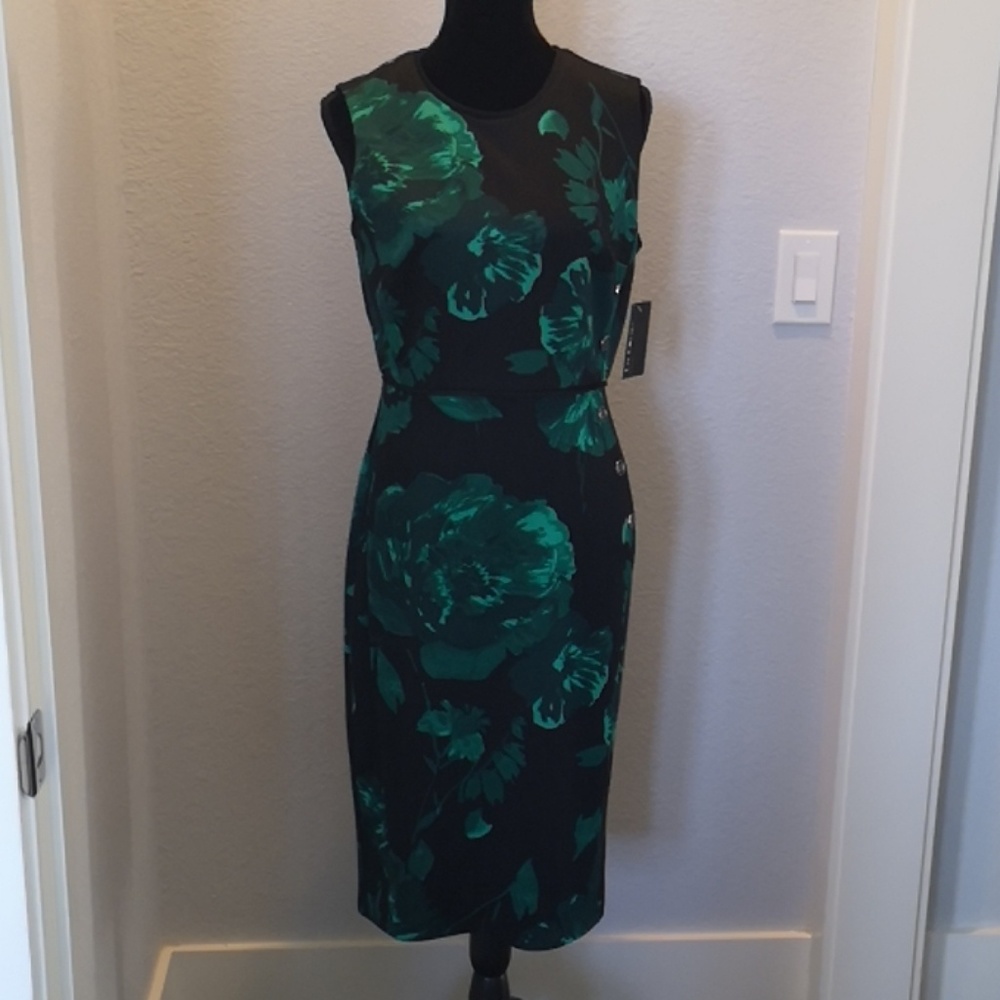 En Focus Green Floral Stretch Sheath Dress